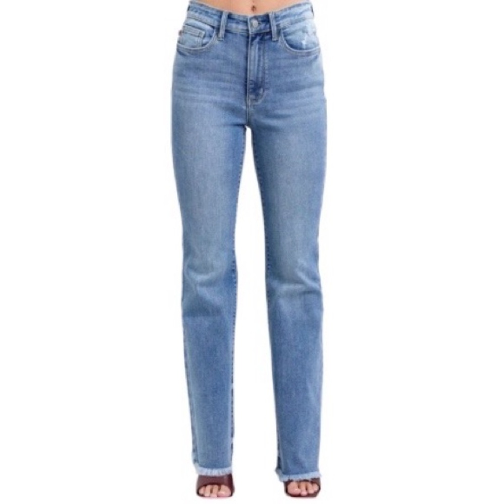 JUDY BLUE High Rise Bootcut Jeans Distressed Fray Hem Medium Wash Size 0 24 NEW